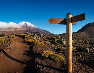 wooden signpost guides hikers along a trail to a distant volcanic mountain summit peak
