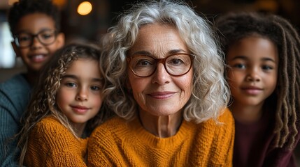 Grandmother and grandchildren smiling, indoor portrait