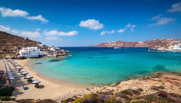 landscape with kalafatis beach mykonos island greece cyclades