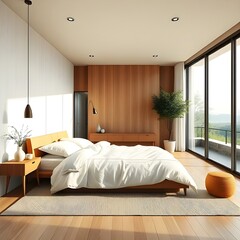 A bedroom with organic cotton linens and sustainable furniture.