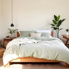 A bedroom with organic cotton linens and sustainable furniture.