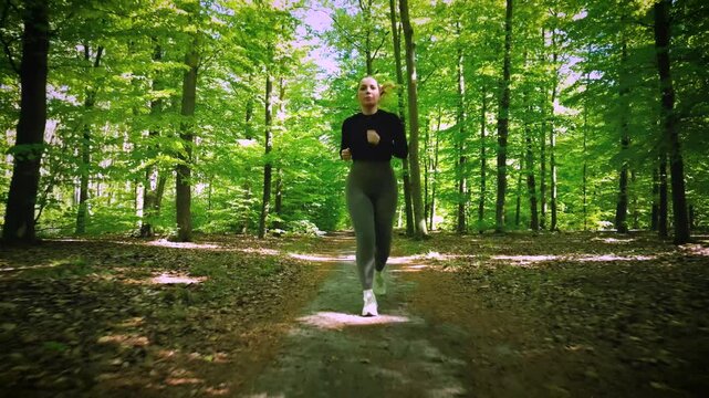 Girl jogging through a sunlit forest trail, surrounded by lush green trees and soft light filtering through the canopy.