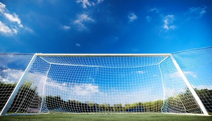 a grid of soccer goals against a blue sky