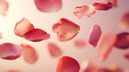 Romantic rose petals floating above a soft blush pink background, delicate shadowing, wide open middle for heartfelt messages, tender springtime atmosphere,