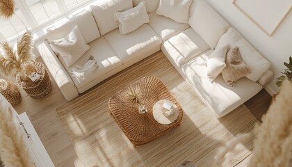 Obraz premium Creamy beige living room interior with large sectional sofa, patterned rug, and wooden coffee table. Sunlight streams through window.