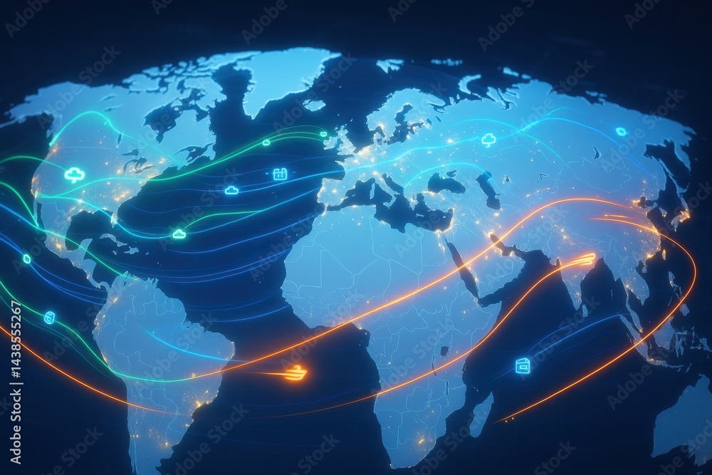Poster global network connections: a stylized world map showcasing vibrant, interconnected lines representi
