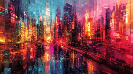 Fototapeta premium Vibrant urban nightscape city center digital art futuristic environment aerial view tech-inspired concept