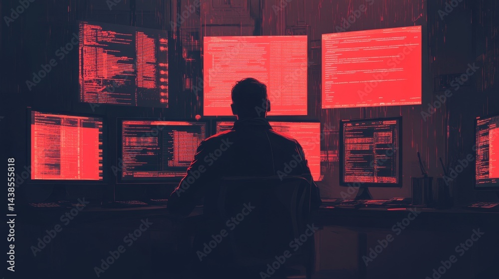 Poster cybersecurity breach event darkroom digital art tech environment rear view hacking concept