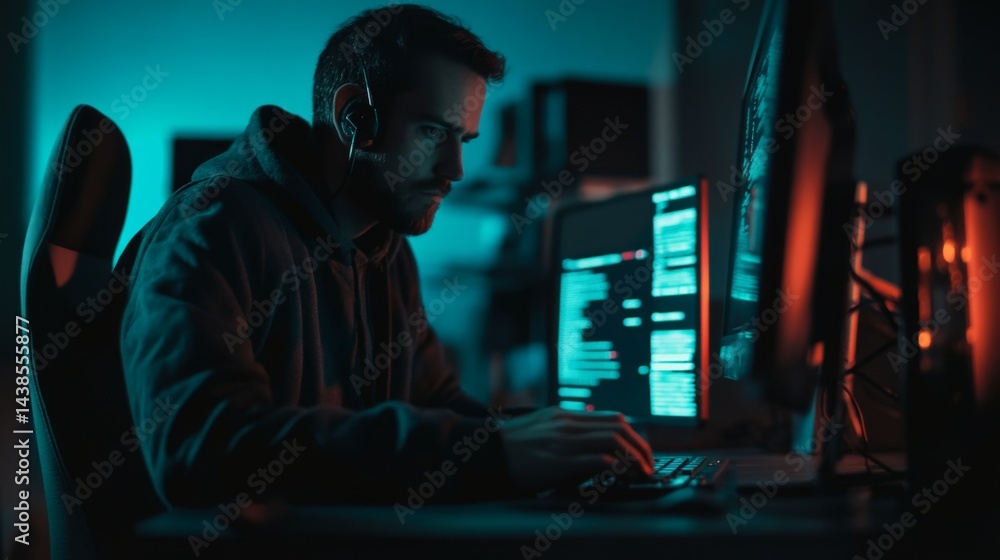 Poster cybersecurity expert analyzing data breach tech lab image dim lighting side view threat prevention