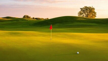 Obraz premium Serene Golf Course Landscape at Golden Hour, AI Generated