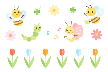 ちょうちょと青虫とミツバチのイラストセット　蝶　芋虫