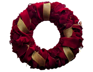 Luxurious red velvet  gold wreath.  Perfect for holiday decor,  adds opulent festive charm to any space. Elegant, textured design ideal for greeting cards, websites, or seasonal marketing materials.