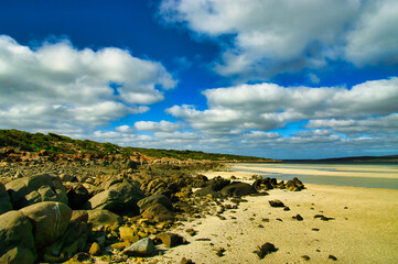 Lonely beach with huge boulders and a rocky coastline in Lincoln National Park, Eyre Peninsula,...