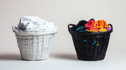 Two wicker laundry baskets side by side on a neutral background, one filled with white clothes and the other with colorful garments, symbolizing laundry sorting and household chores.