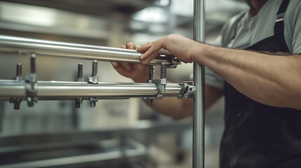 Worker Assembling Industrial Pipeline
