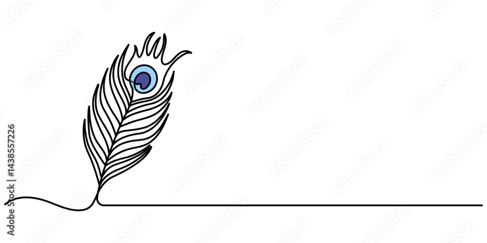 Poster Continuous one line drawing of peacock feather. Peacock feather single line vector illustration. Editable line vector, Continuous one line drawing of beautiful peacock feather. Peacock feather single.