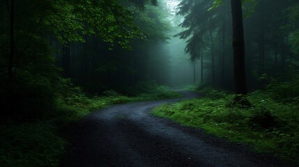 Fototapeta premium Mystical pathway through verdant forest shrouded in atmospheric fog
