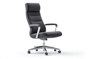 Modern gray fabric office chair with chrome arms and base, on wheels.