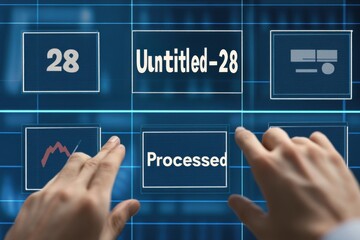 Hands interacting with a digital dashboard displaying a processed item.  A numerical identifier and other graphical elements suggest task management or workflow