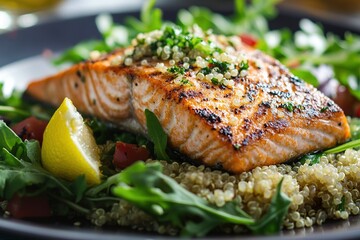 A grilled salmon fillet on a bed of quinoa and mixed greens, served with a lemon wedge