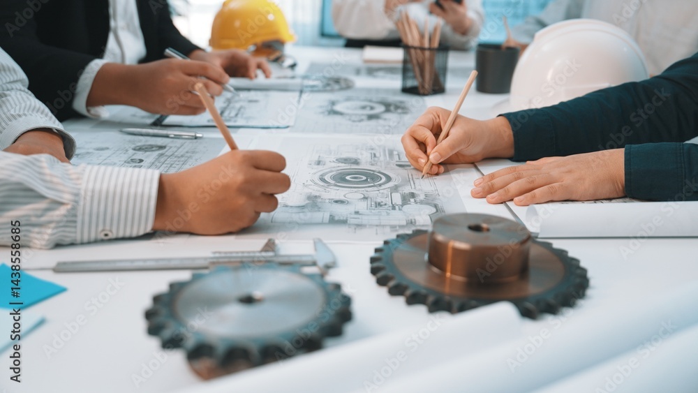 Poster a team of engineers and designers collaborates on technical drawings while surrounded by gears and t