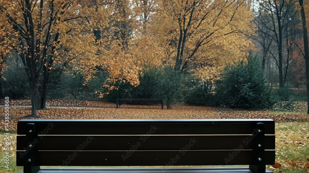 Poster autumn leaves gently falling in a serene park setting with empty bench