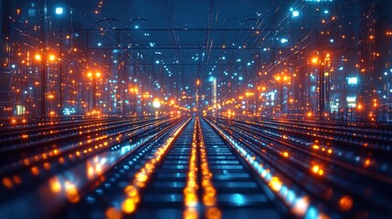 Fototapeta premium Rainy night urban scene with wet railway tracks and blurred buildings.