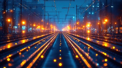 Fototapeta premium Rainy night urban scene with wet railway tracks and blurred buildings.