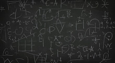 Chaotic chalkboard filled with complex math equations and scientific formulas
