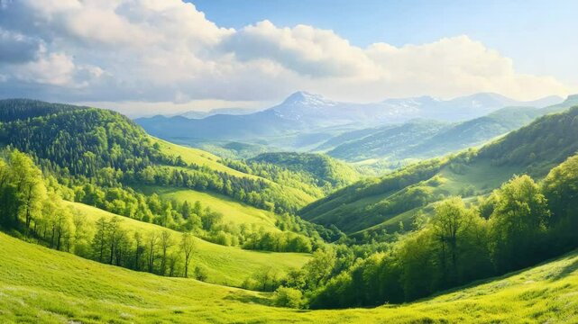 Lush green rolling hills under a blue sky with scattered clouds.