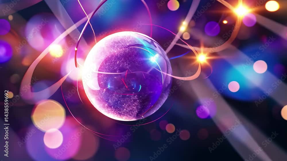 Poster Abstract representation of atoms and particles swirling in vibrant colors with glowing effects and dynamic energy