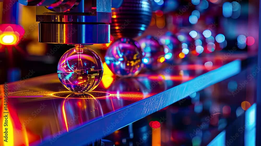 Poster colorful machinery in action demonstrating precision handling of reflective spheres in a modern indu