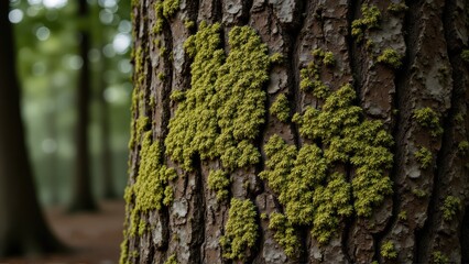 Obraz premium rainforest canopy dense mystical. Textured tree bark covered in green moss, with a blurred forest background creating a serene, natural atmosphere.
