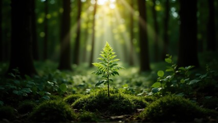 Fototapeta premium rainforest canopy dense mystical. A young plant stands in a sunlit forest, surrounded by greenery, with rays of light filtering through tall trees, creating a serene atmosphere.