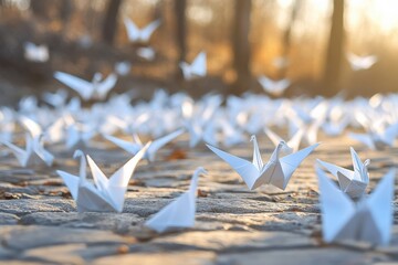 A flock of paper birds are scattered across the ground, with some flying in the air. Concept of freedom and lightness, as the birds seem to be dancing in the wind