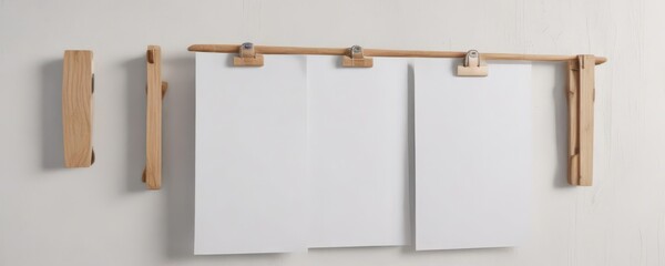 Stylish poster on wooden clips, white background,  living room,  style