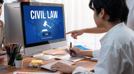 Civil law brisk information showing on computer screen for Common Justice Legal Regulation Rights...