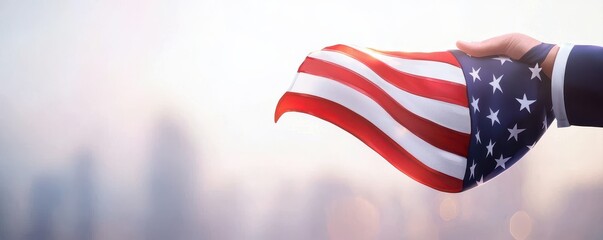 A hand holds the American flag against a blurred cityscape background, symbolizing patriotism and national pride.