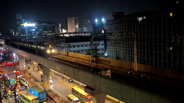 Metro rail service night view dhaka,Bangladesh.