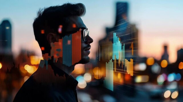 In an urban setting at dusk, a man contemplates the stock market trends while the city lights twinkle around him. Data visualizations superimpose over his profile.