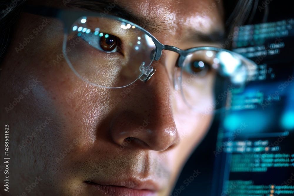 Poster the image of a male coder or programmer is commonly associated with innovation, research, and financ