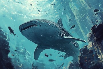 Fototapeta premium A majestic whale shark swimming through the ocean, its enormous size dwarfing the surrounding fish