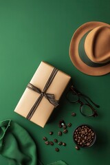 Gift, hat, coffee beans, and glasses on a green background.  A thoughtful gift presentation with a sophisticated touch