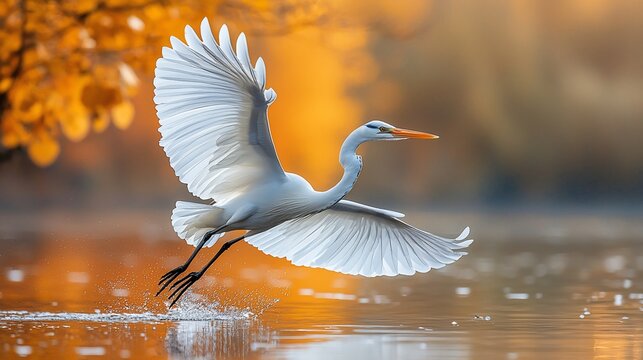 Great egret taking flight over autumnal lake - Powered by Adobe