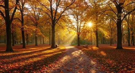 Autumn sunlight filters through trees in park with pathway and benches