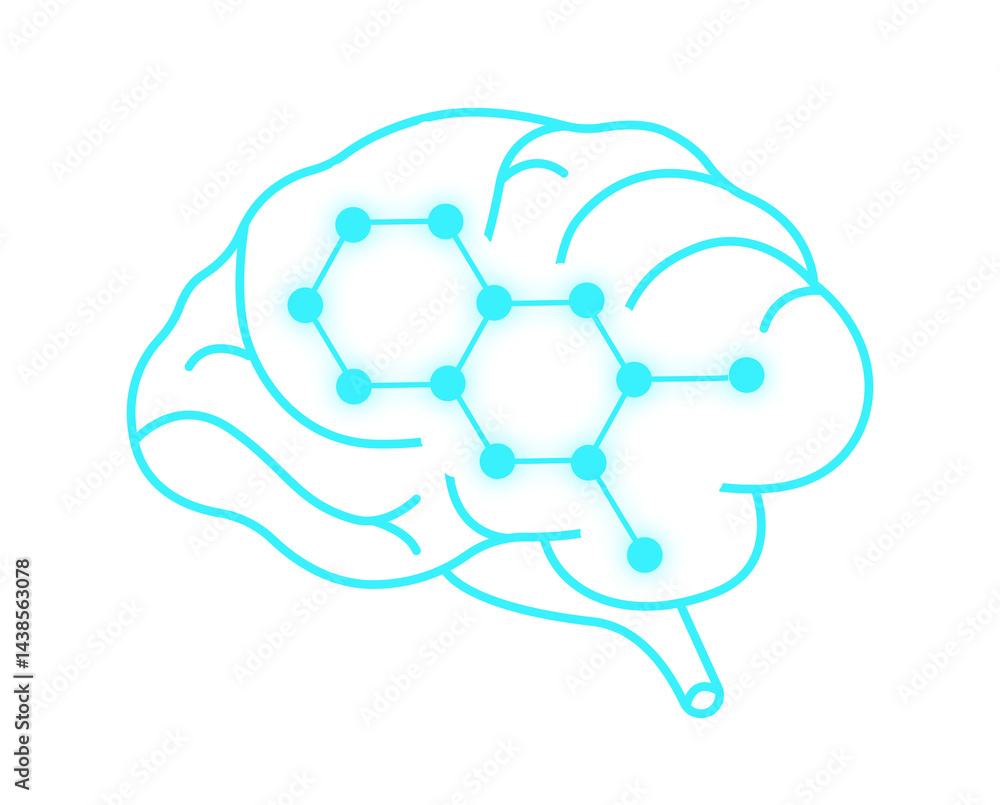 Poster glowing brain with neural connections and molecular structure, symbolizing artificial intelligence and neuroscience. The abstract design represents innovation, cognition, and learning, with a.