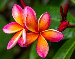 macro shot of flowers, vivid colors, water drops, closeup, vibrant, rainforest