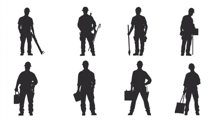 Eight silhouettes of construction workers with various tools.