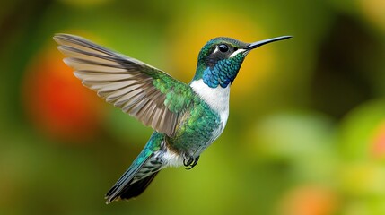 Hummingbird hovering mid-flight near flowers for nature photography, pollination, and vibrant wildlife visuals.