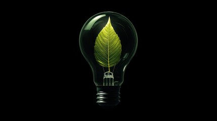 Green leaf inside a light bulb on black background, representing eco-friendly energy.